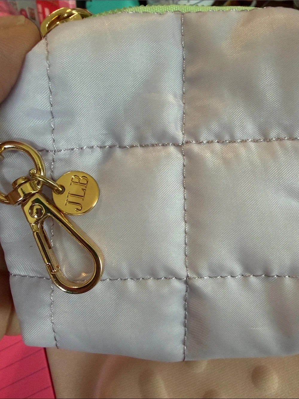 Jadelynn Brooke Quilted Lilac ear Bud Pouch with Green Zipper and Gold Hardware